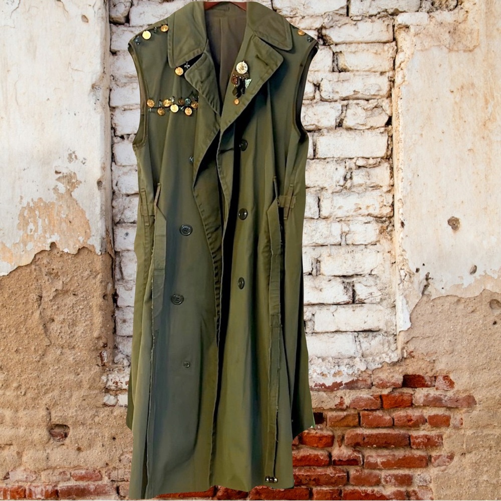 Upcycled hand beaded vintage gypsy military belted trench coat duster vest